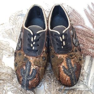 Beverly Feldman Beaded Sequin Shoes Cactus Sneaker